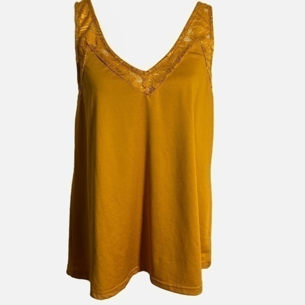 Daytrip Gold Silky Tank Top with Lace Detailing at Neckline